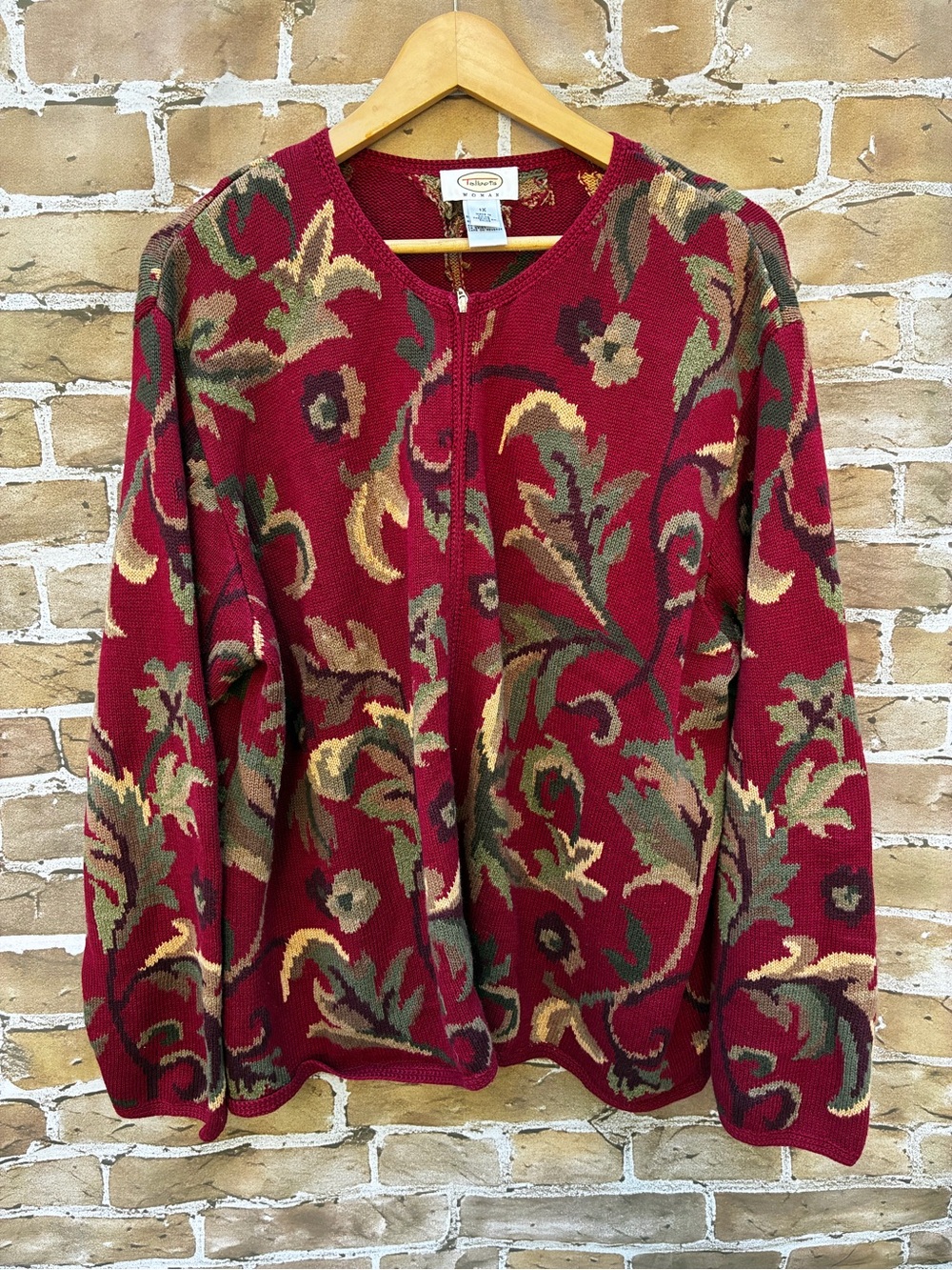 Vintage size 1X Talbots Burgundy red Floral Zip-Front Cardigan Sweater